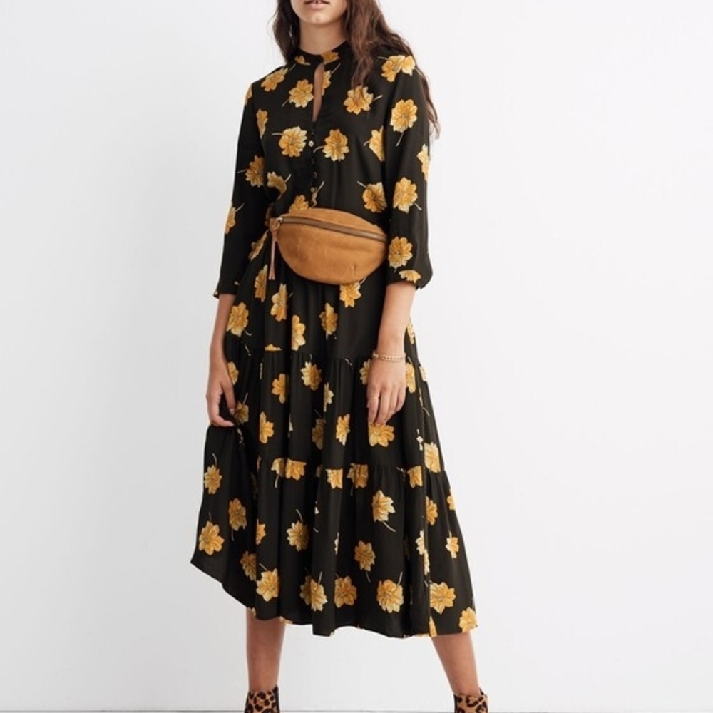 Madewell Black Midi Dress with Gold Floral Design